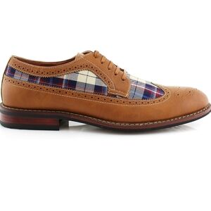 Tan Leather Men's Oxford Shoes with Plaid Detail